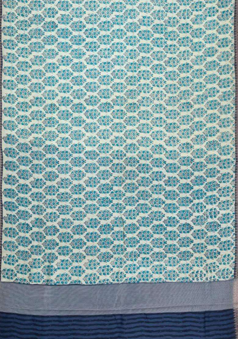 Cream Printed Chanderi Cotton Saree With Contrast Navy Zari Border For Women - Indya
