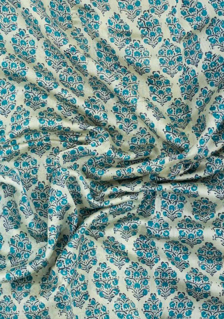 Cream Printed Chanderi Cotton Saree With Contrast Navy Zari Border For Women - Indya