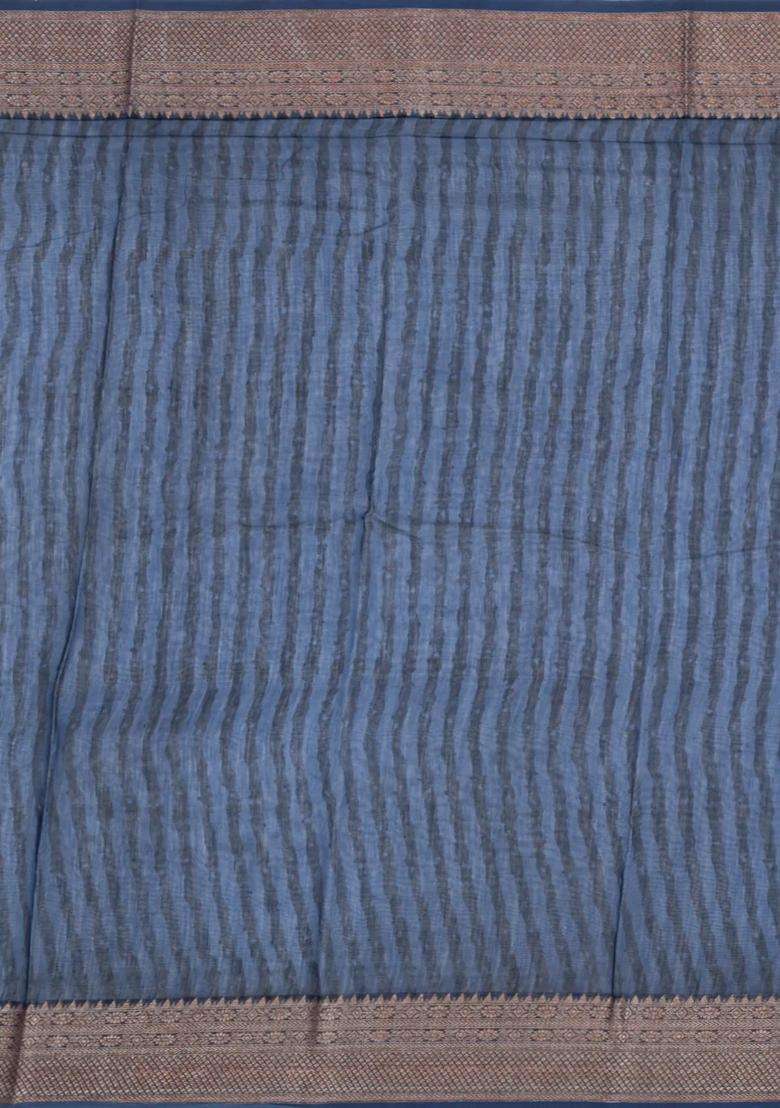 Cream Printed Chanderi Cotton Saree With Contrast Navy Zari Border For Women - Indya