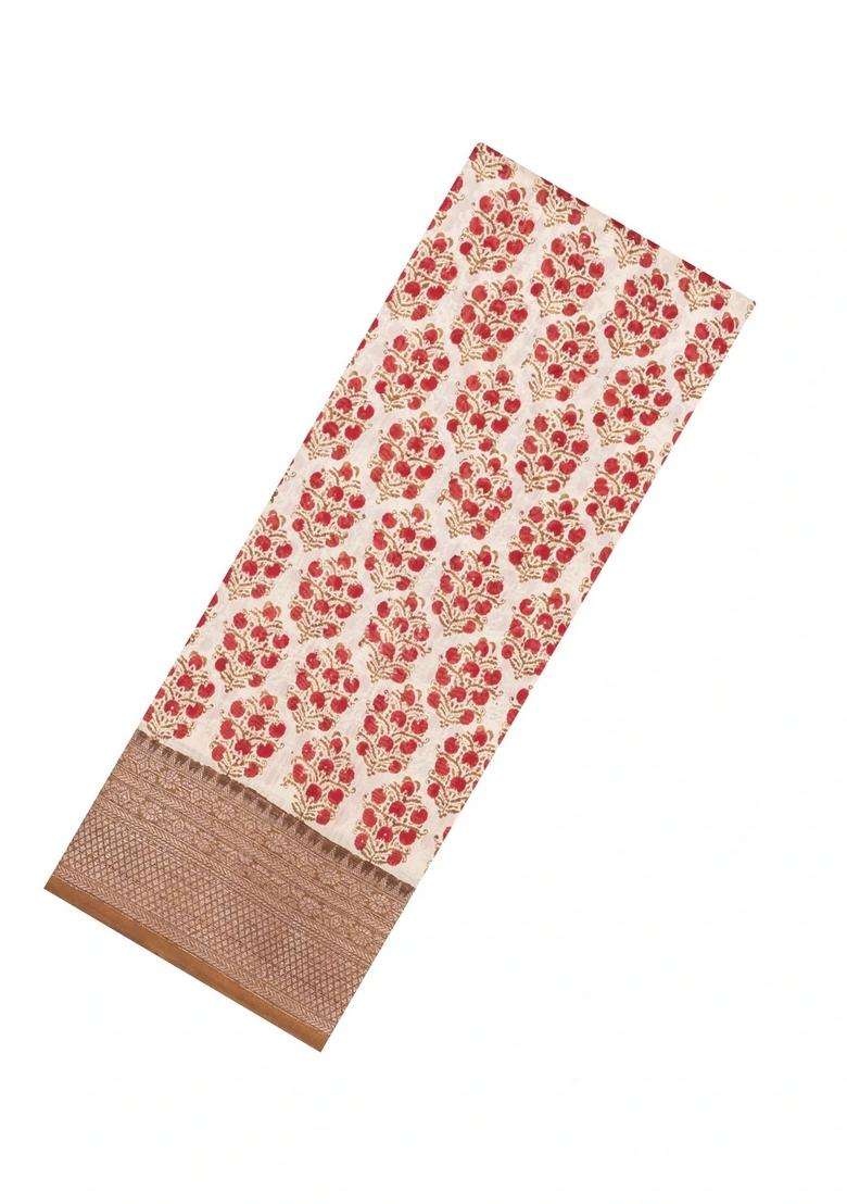 Cream Printed Chanderi Cotton Saree With Contrast Mustard Zari Border For Women - Indya
