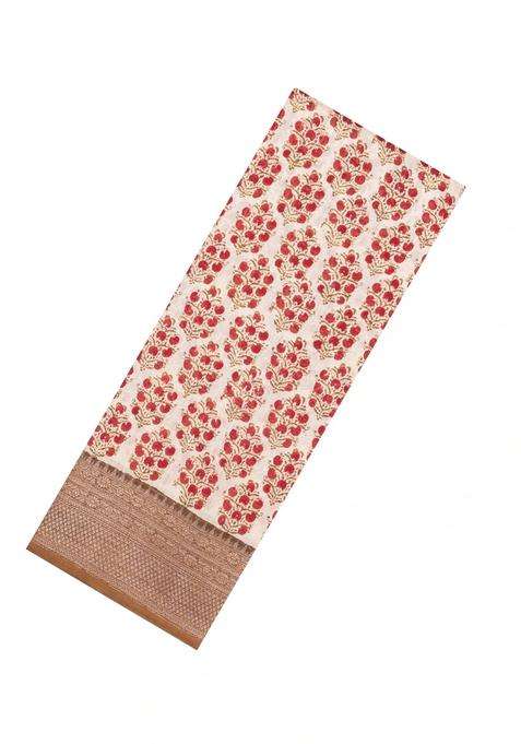 Cream Printed Chanderi Cotton Saree With Contrast Mustard Zari Border For Women