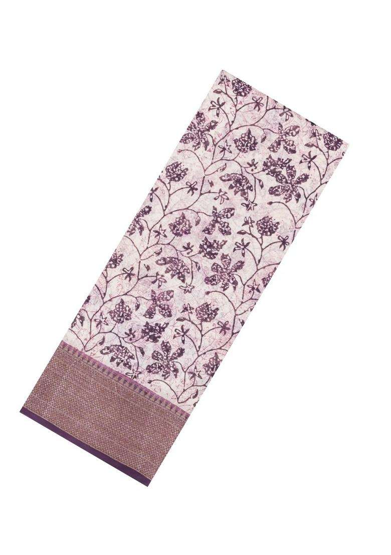 Lilac Printed Chanderi Cotton Saree With Floral Motifs Zari Border For Women - Indya