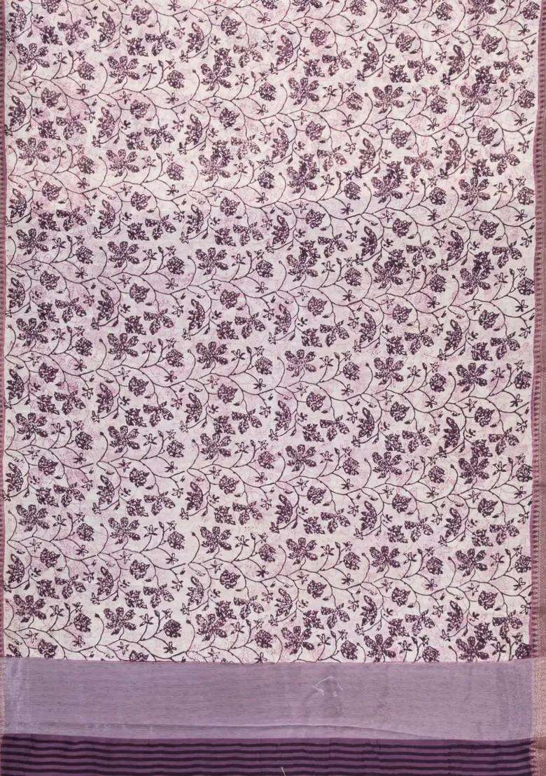 Lilac Printed Chanderi Cotton Saree With Floral Motifs Zari Border For Women - Indya