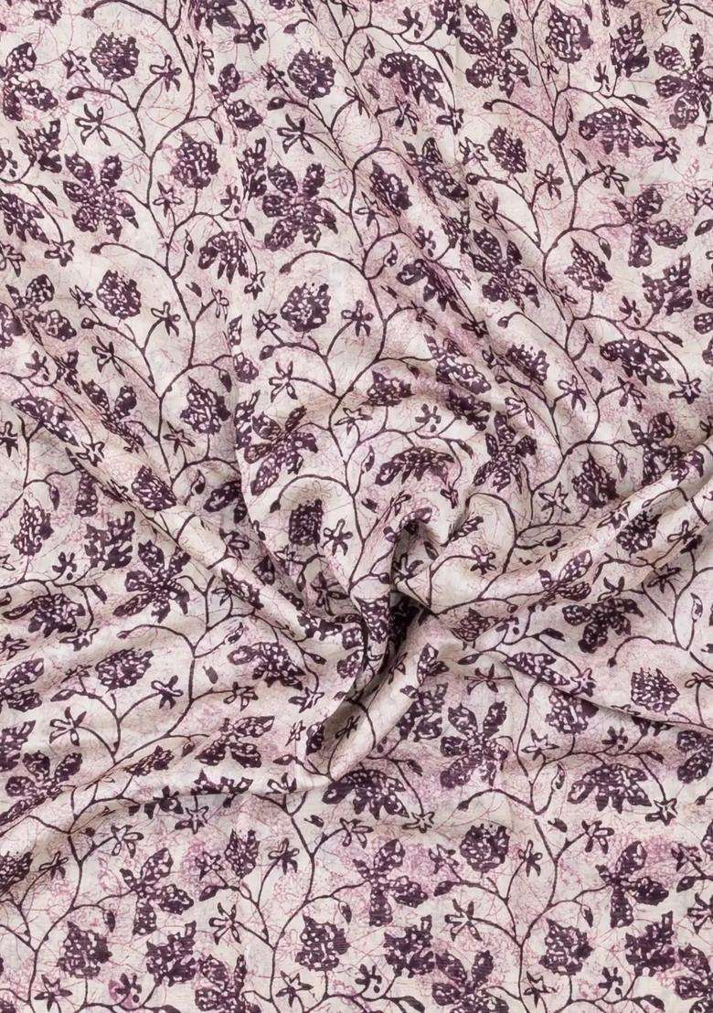 Lilac Printed Chanderi Cotton Saree With Floral Motifs Zari Border For Women - Indya