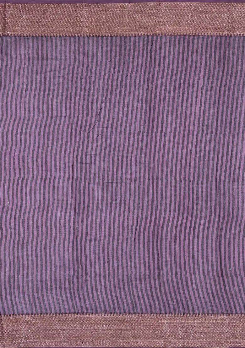 Lilac Printed Chanderi Cotton Saree With Floral Motifs Zari Border For Women - Indya