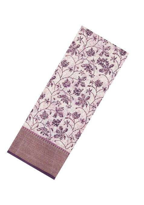 Lilac Printed Chanderi Cotton Saree With Floral Motifs Zari Border For Women