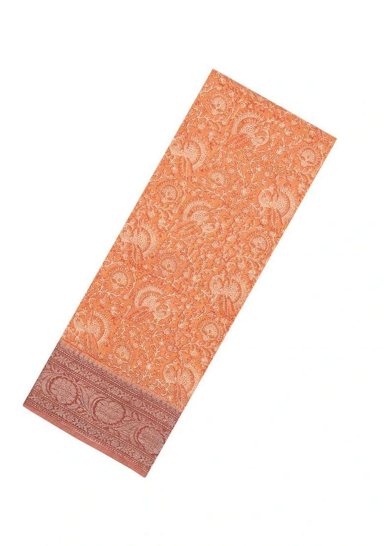 Rust Printed Chanderi Cotton Saree With Floral Motifs Zari Border For Women - Indya