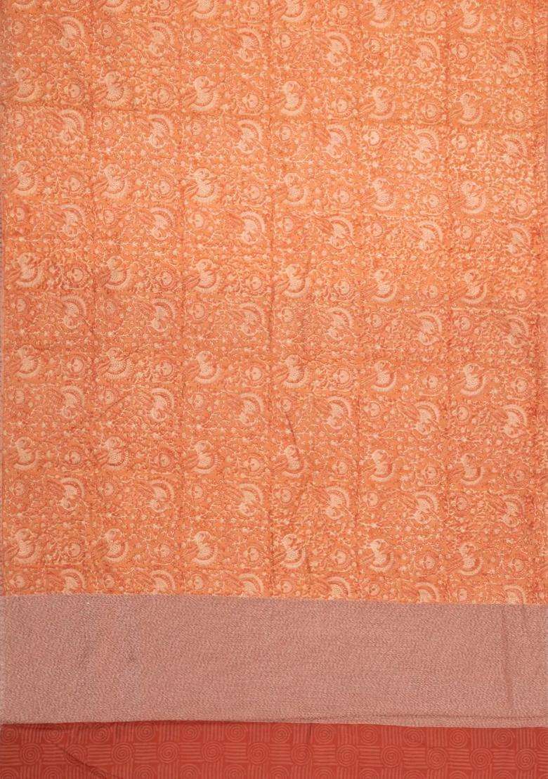 Rust Printed Chanderi Cotton Saree With Floral Motifs Zari Border For Women - Indya
