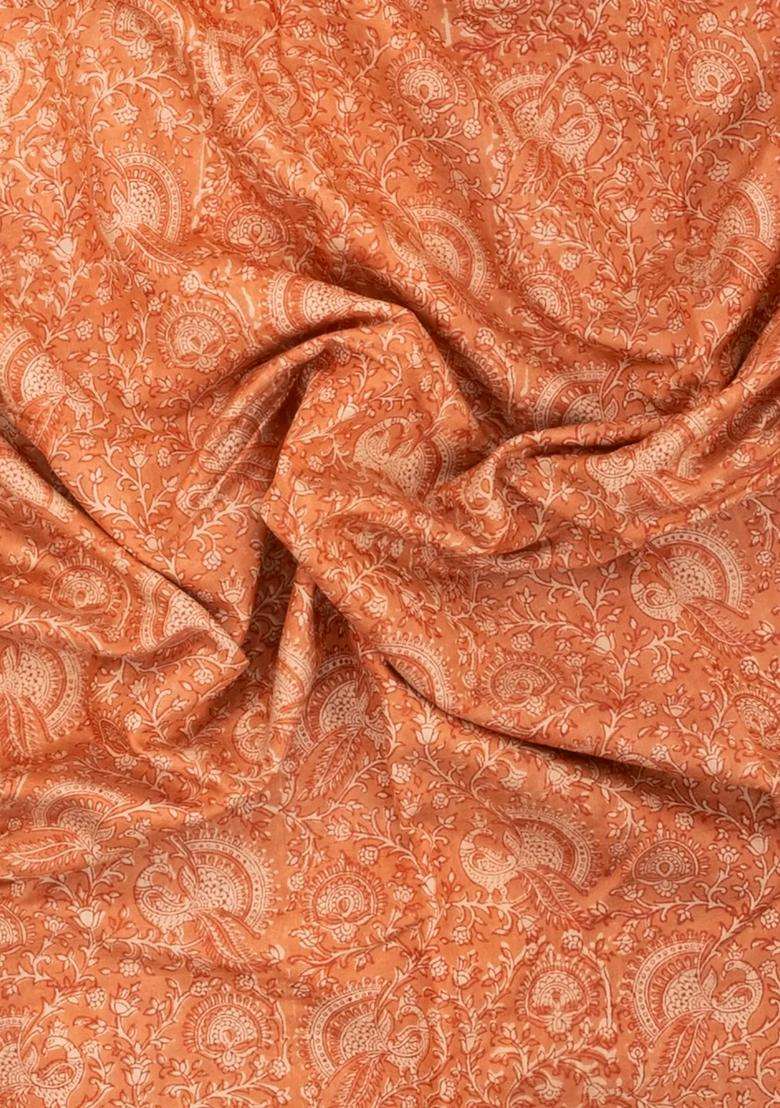 Rust Printed Chanderi Cotton Saree With Floral Motifs Zari Border For Women - Indya