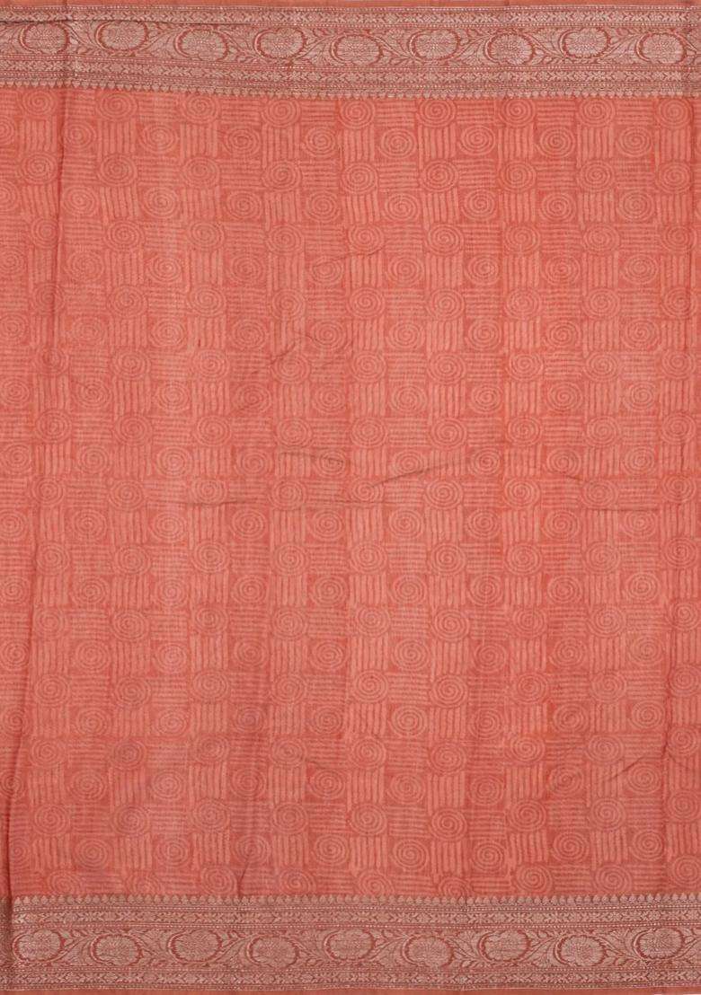 Rust Printed Chanderi Cotton Saree With Floral Motifs Zari Border For Women - Indya