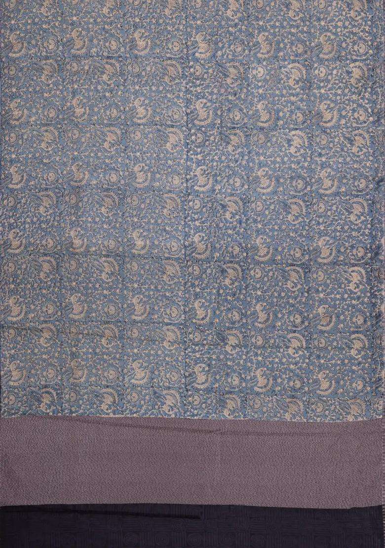 Grey Printed Chanderi Cotton Saree With Floral Motifs Zari Border For Women - Indya
