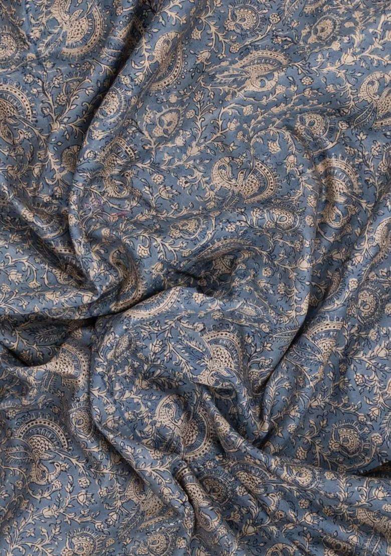 Grey Printed Chanderi Cotton Saree With Floral Motifs Zari Border For Women - Indya