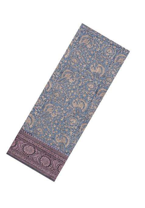 Grey Printed Chanderi Cotton Saree With Floral Motifs Zari Border For Women