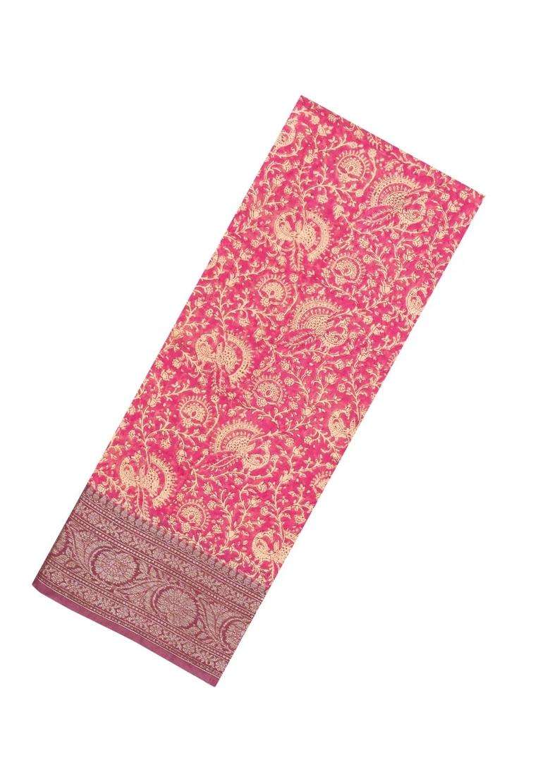 Peach Printed Chanderi Cotton Saree With Floral Motifs Zari Border For Women - Indya