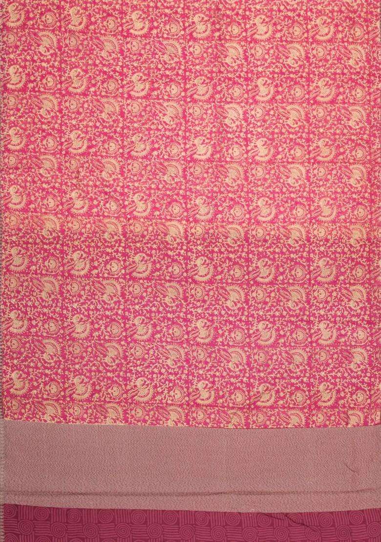 Peach Printed Chanderi Cotton Saree With Floral Motifs Zari Border For Women - Indya