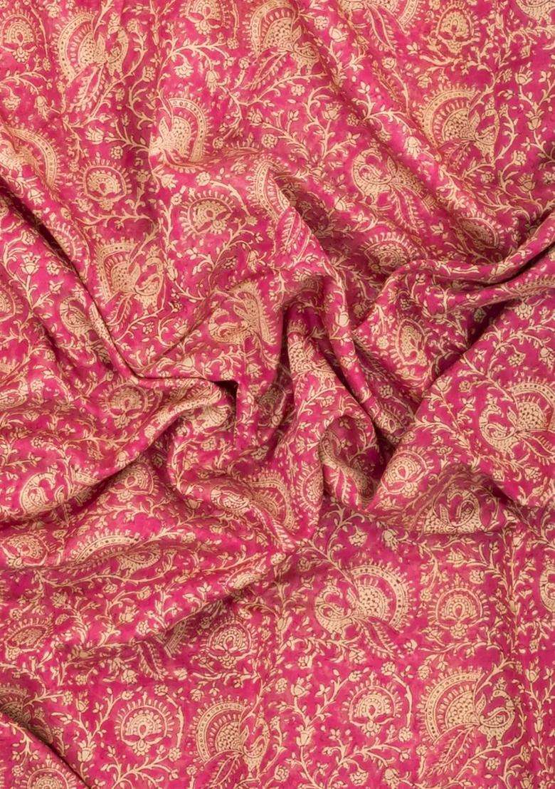 Peach Printed Chanderi Cotton Saree With Floral Motifs Zari Border For Women - Indya