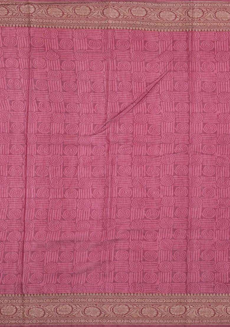 Peach Printed Chanderi Cotton Saree With Floral Motifs Zari Border For Women - Indya