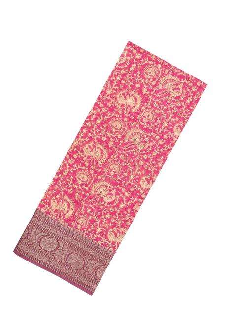 Peach Printed Chanderi Cotton Saree With Floral Motifs Zari Border For Women