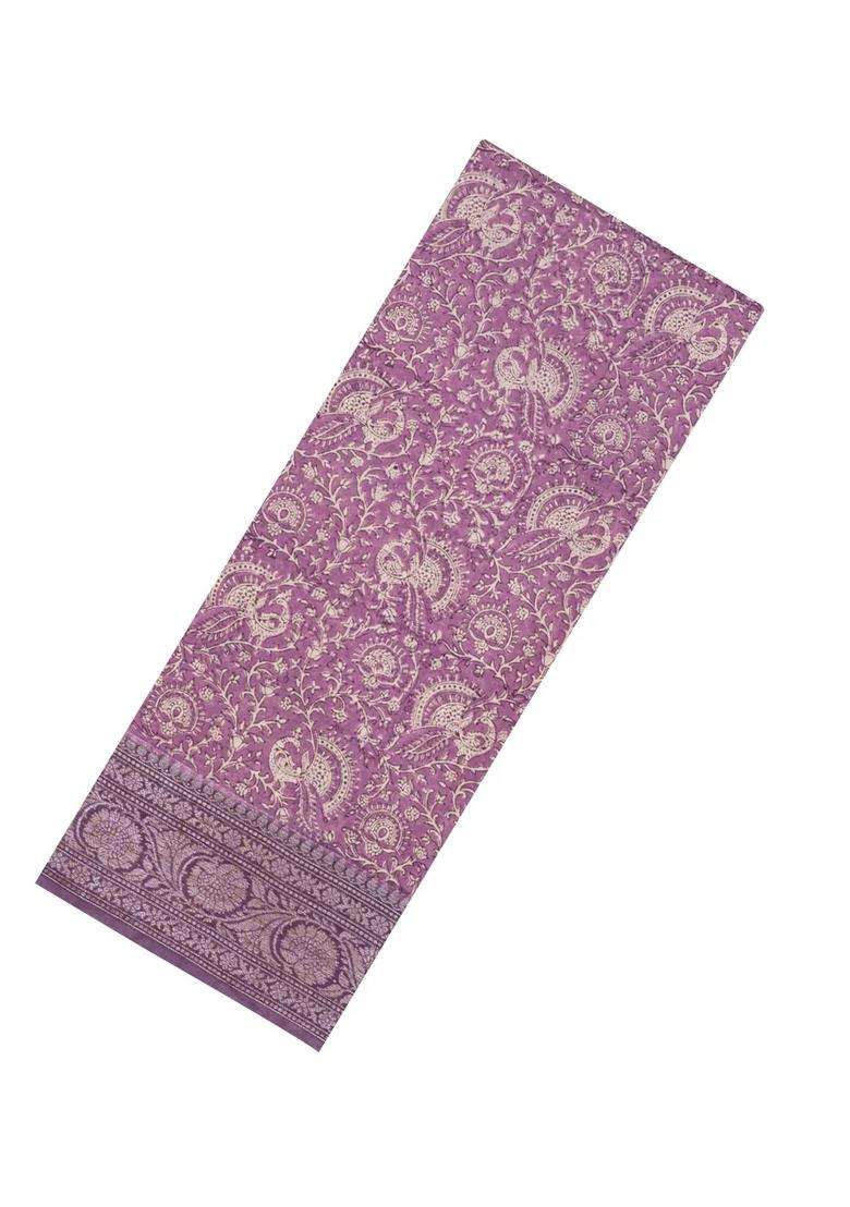 Lilac Printed Chanderi Cotton Saree With Floral Motifs Zari Border For Women - Indya