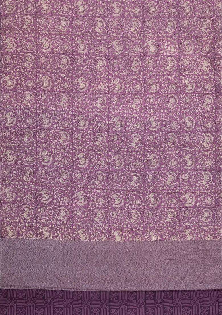 Lilac Printed Chanderi Cotton Saree With Floral Motifs Zari Border For Women - Indya