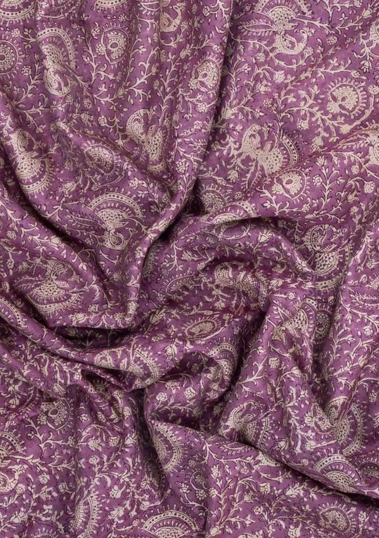 Lilac Printed Chanderi Cotton Saree With Floral Motifs Zari Border For Women - Indya