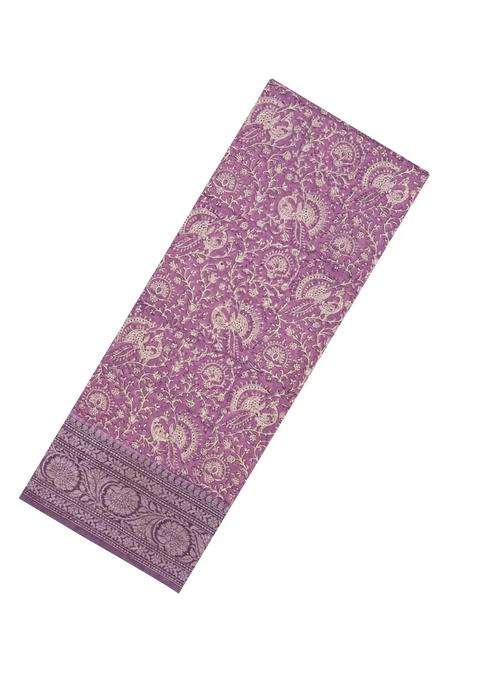 Lilac Printed Chanderi Cotton Saree With Floral Motifs Zari Border For Women