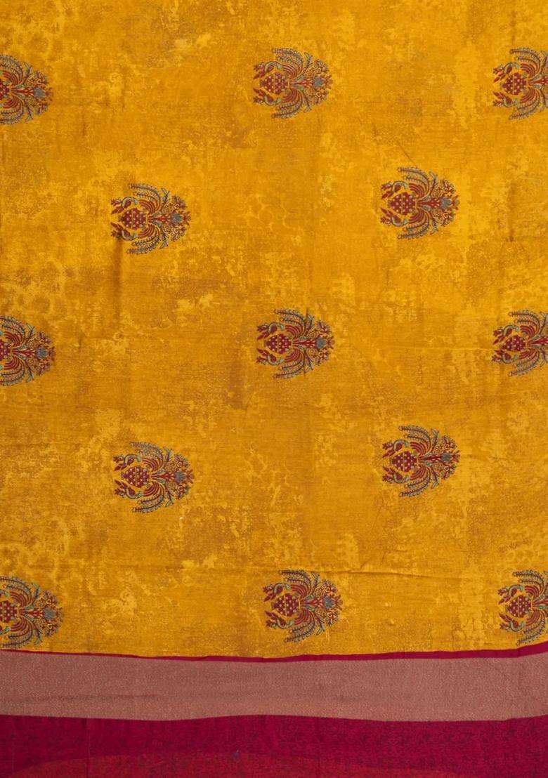 Mustard Printed Chanderi Cotton Saree With Contrast Zari Border For Women - Indya