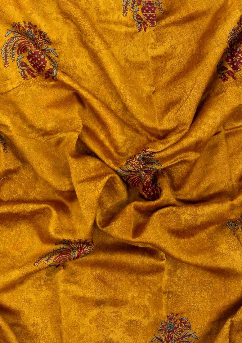 Mustard Printed Chanderi Cotton Saree With Contrast Zari Border For Women - Indya