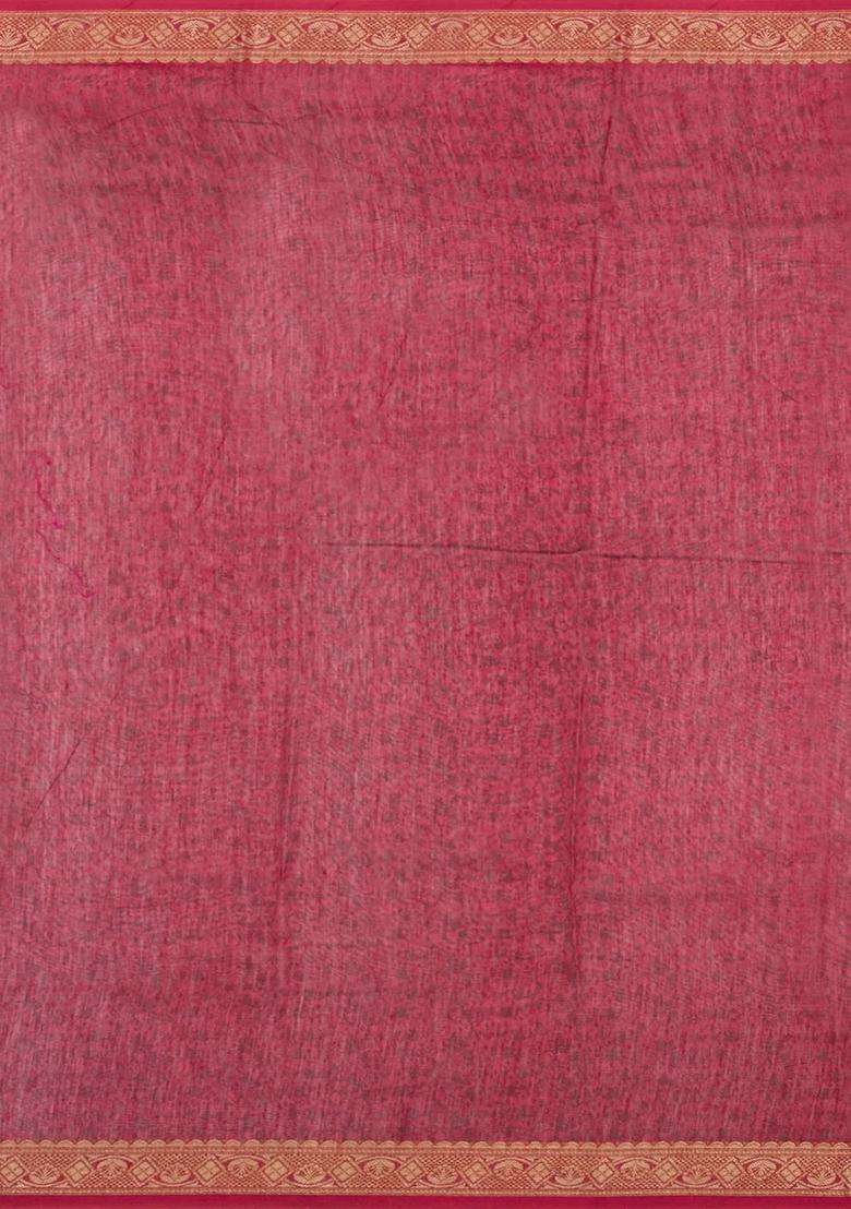 Mustard Printed Chanderi Cotton Saree With Contrast Zari Border For Women - Indya