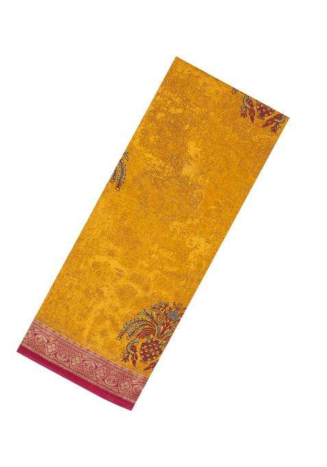 Mustard Printed Chanderi Cotton Saree With Contrast Zari Border For Women