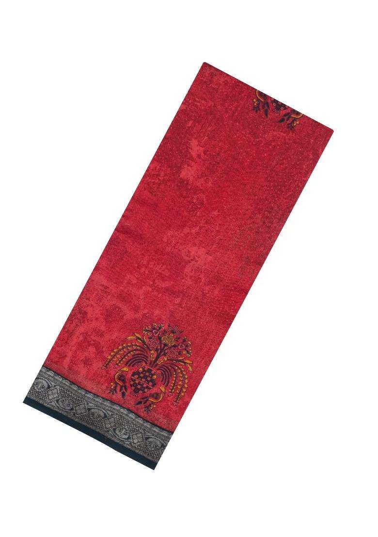 Red Printed Chanderi Cotton Saree With Contrast Zari Border For Women - Indya