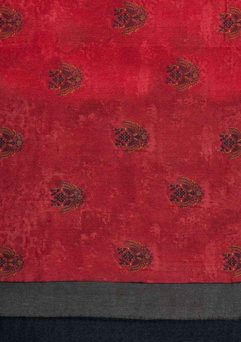 Red Printed Chanderi Cotton Saree With Contrast Zari Border For Women - Indya