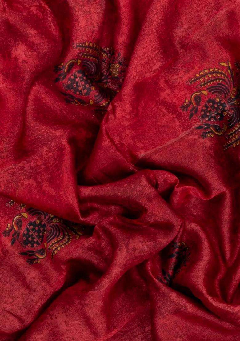 Red Printed Chanderi Cotton Saree With Contrast Zari Border For Women - Indya