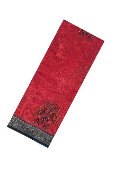 Red Printed Chanderi Cotton Saree With Contrast Zari Border For Women