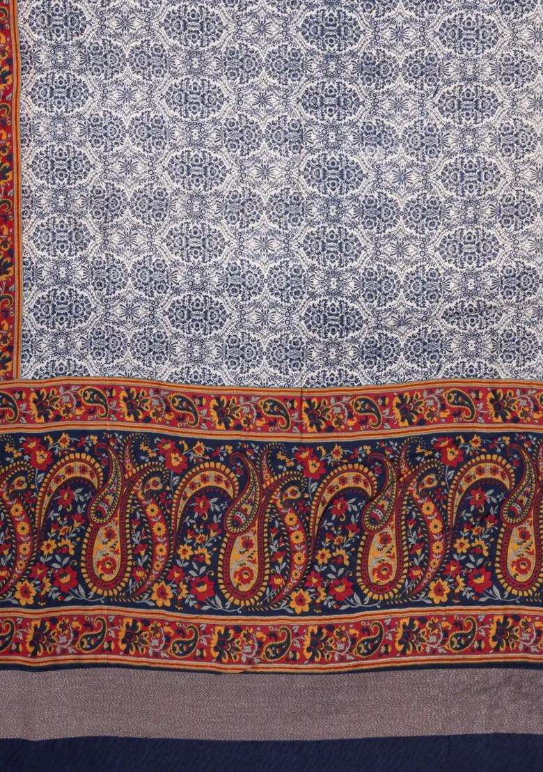 Navy Blue Printed Chanderi Cotton Saree With Contrast Zari Border For Women - Indya