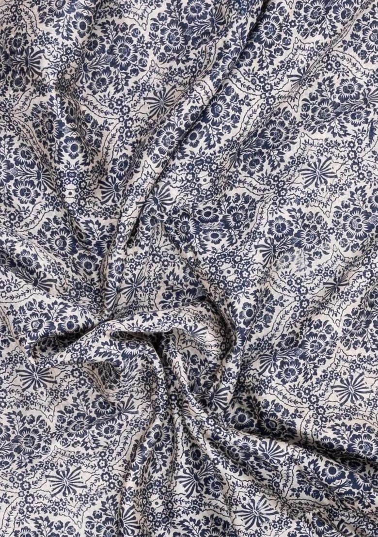 Navy Blue Printed Chanderi Cotton Saree With Contrast Zari Border For Women - Indya