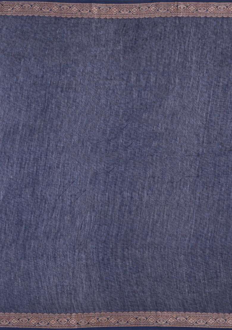 Navy Blue Printed Chanderi Cotton Saree With Contrast Zari Border For Women - Indya