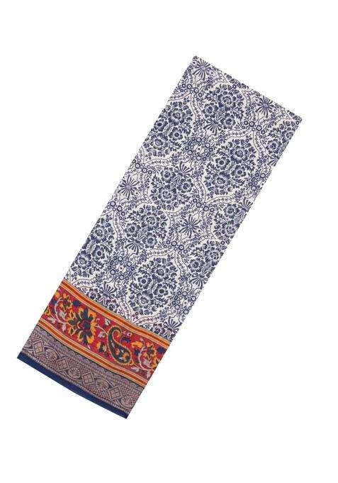 Navy Blue Printed Chanderi Cotton Saree With Contrast Zari Border For Women