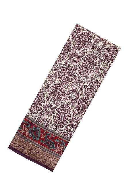 Brown Printed Chanderi Cotton Saree With Contrast Zari Border For Women