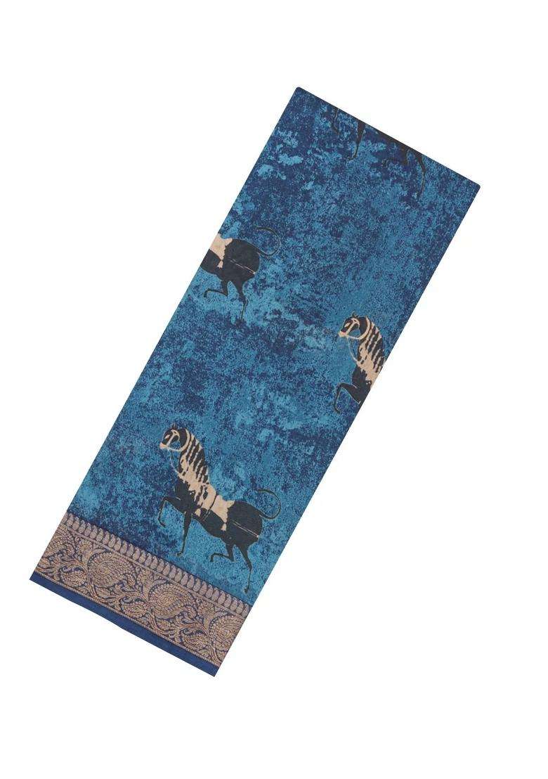 Indigo Printed Chanderi Cotton Saree With Zari Border For Women - Indya