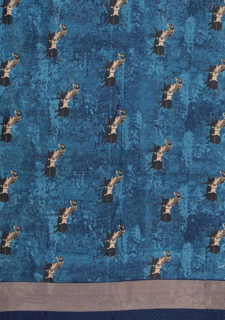 Indigo Printed Chanderi Cotton Saree With Zari Border For Women - Indya