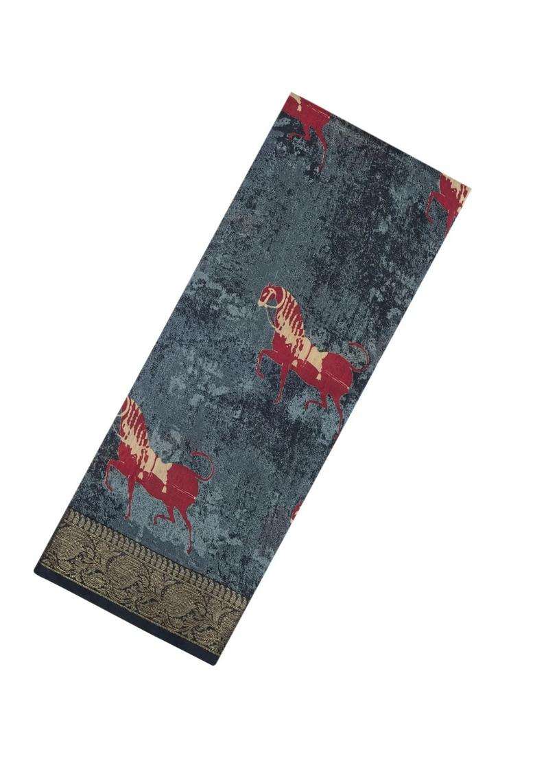 Black Printed Chanderi Cotton Saree With Zari Border For Women - Indya