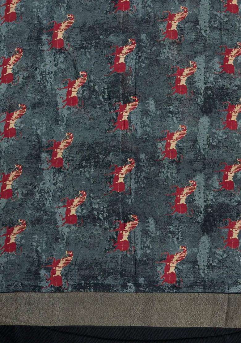 Black Printed Chanderi Cotton Saree With Zari Border For Women - Indya