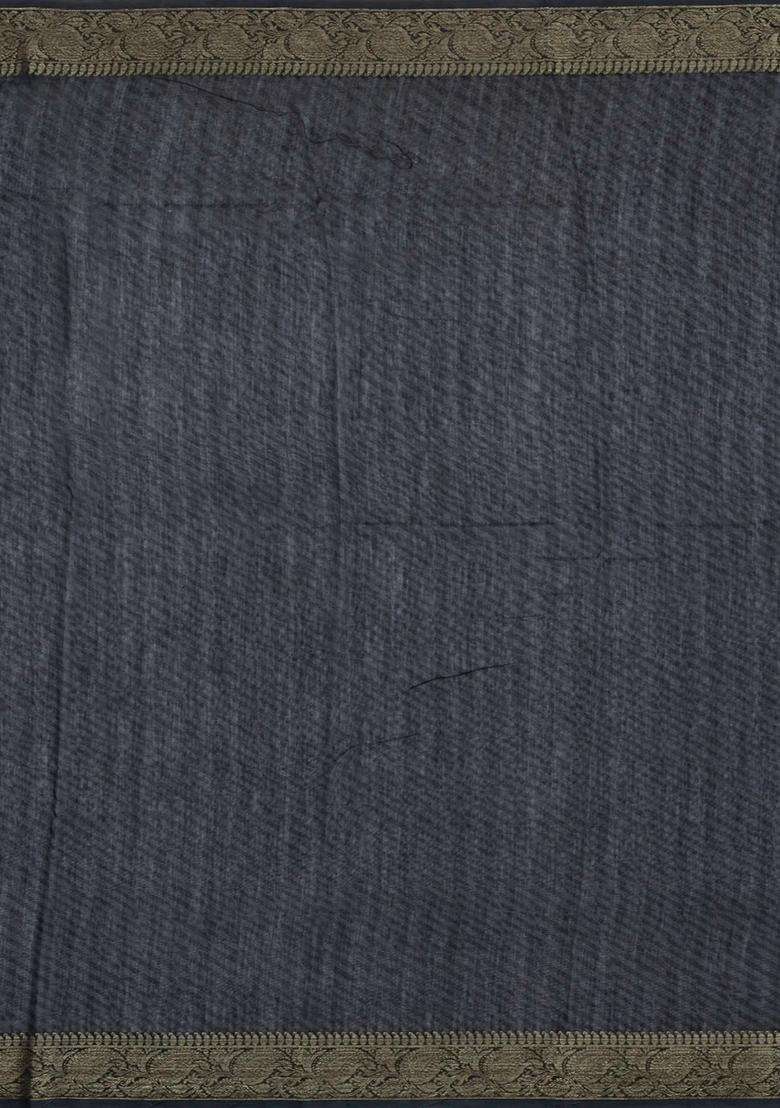Black Printed Chanderi Cotton Saree With Zari Border For Women - Indya