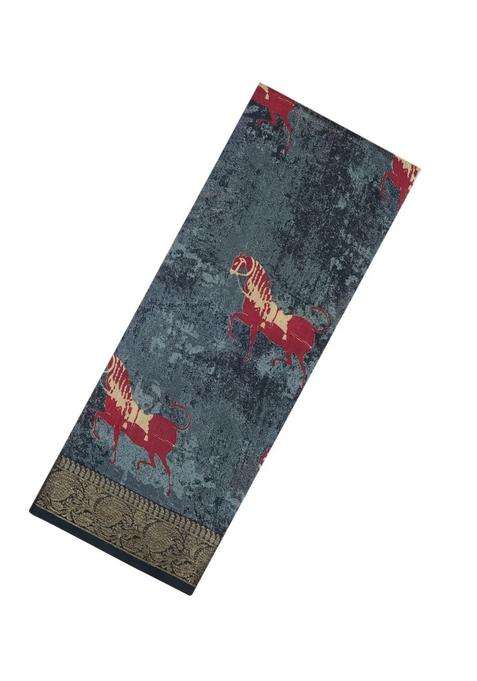 Black Printed Chanderi Cotton Saree With Zari Border For Women