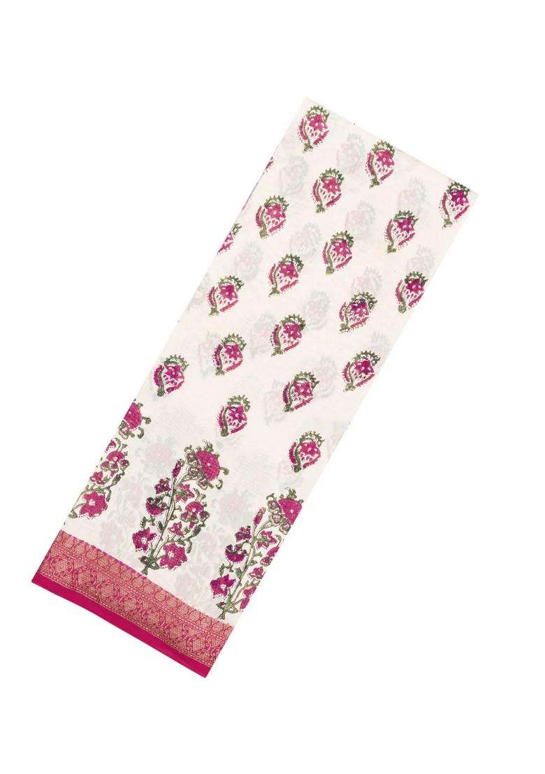 Off White Printed Chanderi Cotton Saree With Pink Zari Border For Women - Indya