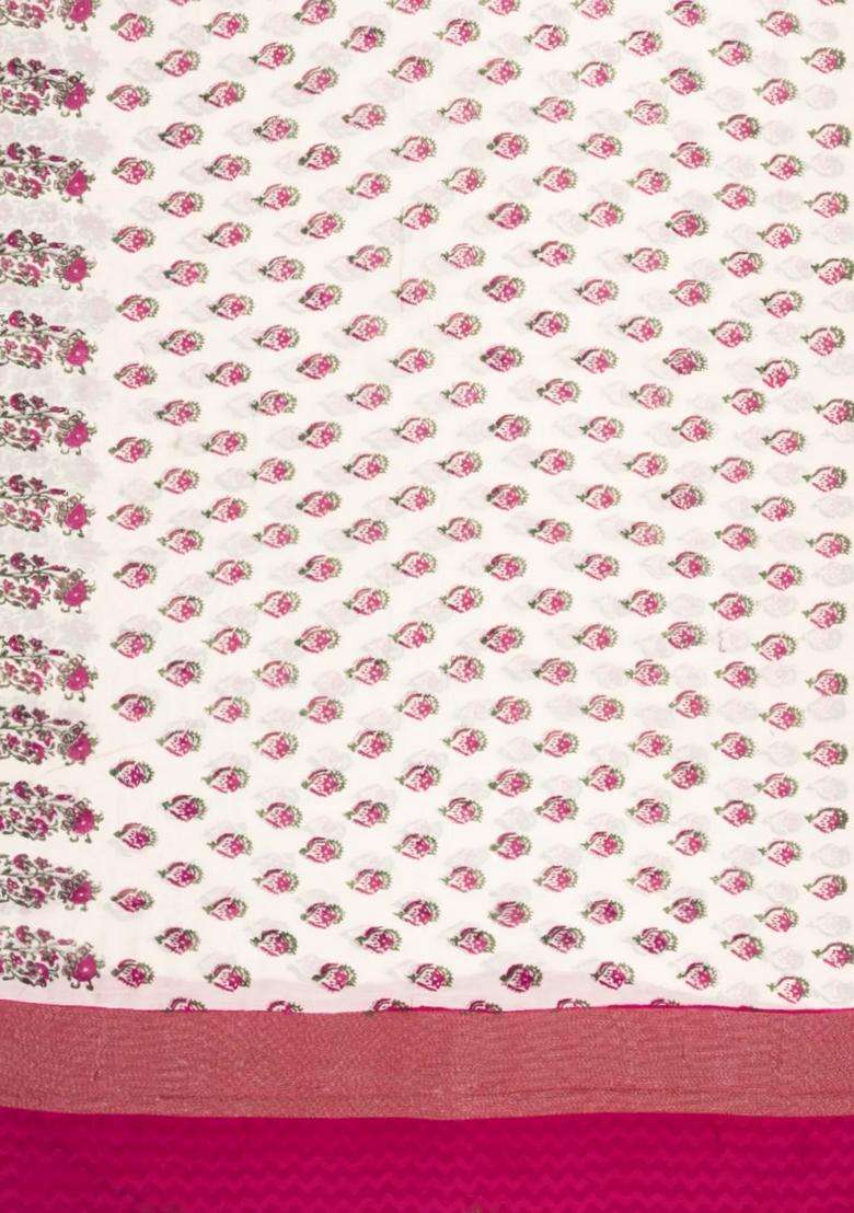 Off White Printed Chanderi Cotton Saree With Pink Zari Border For Women - Indya