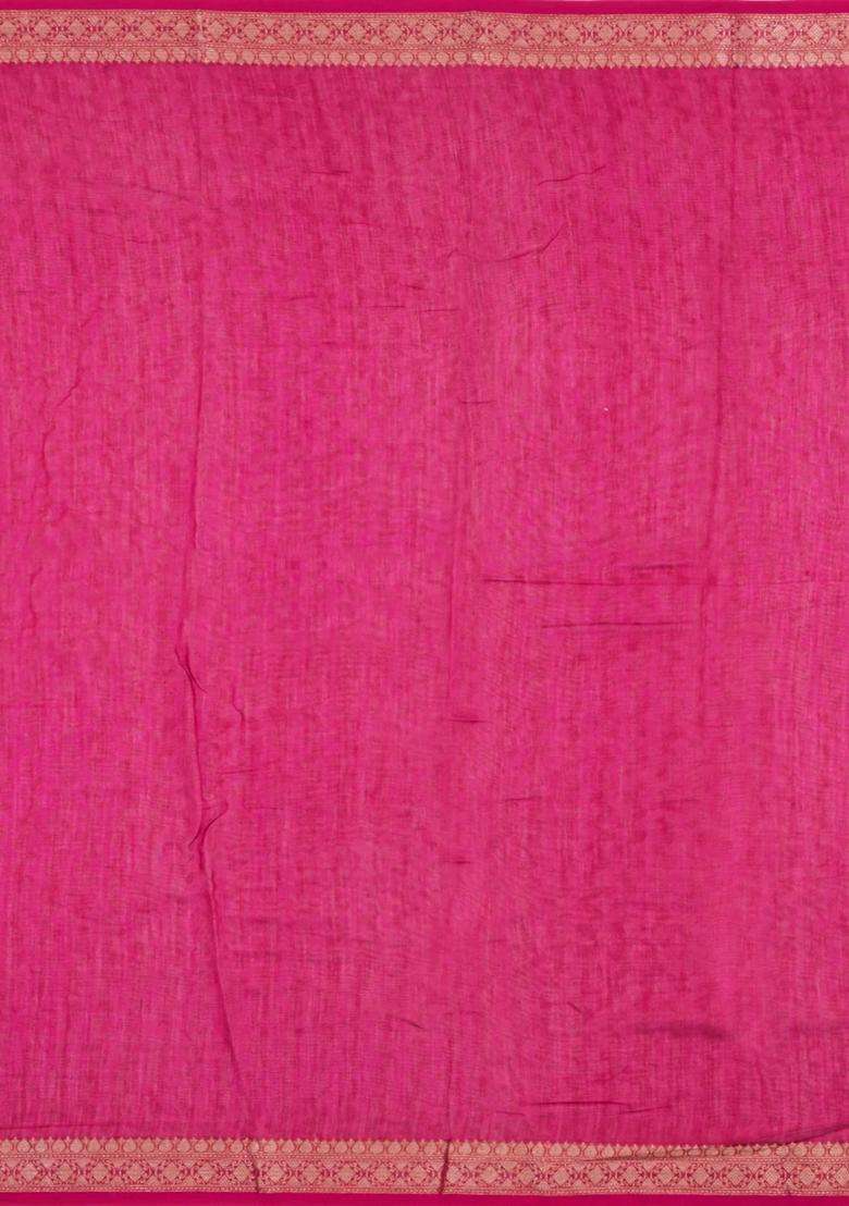 Off White Printed Chanderi Cotton Saree With Pink Zari Border For Women - Indya