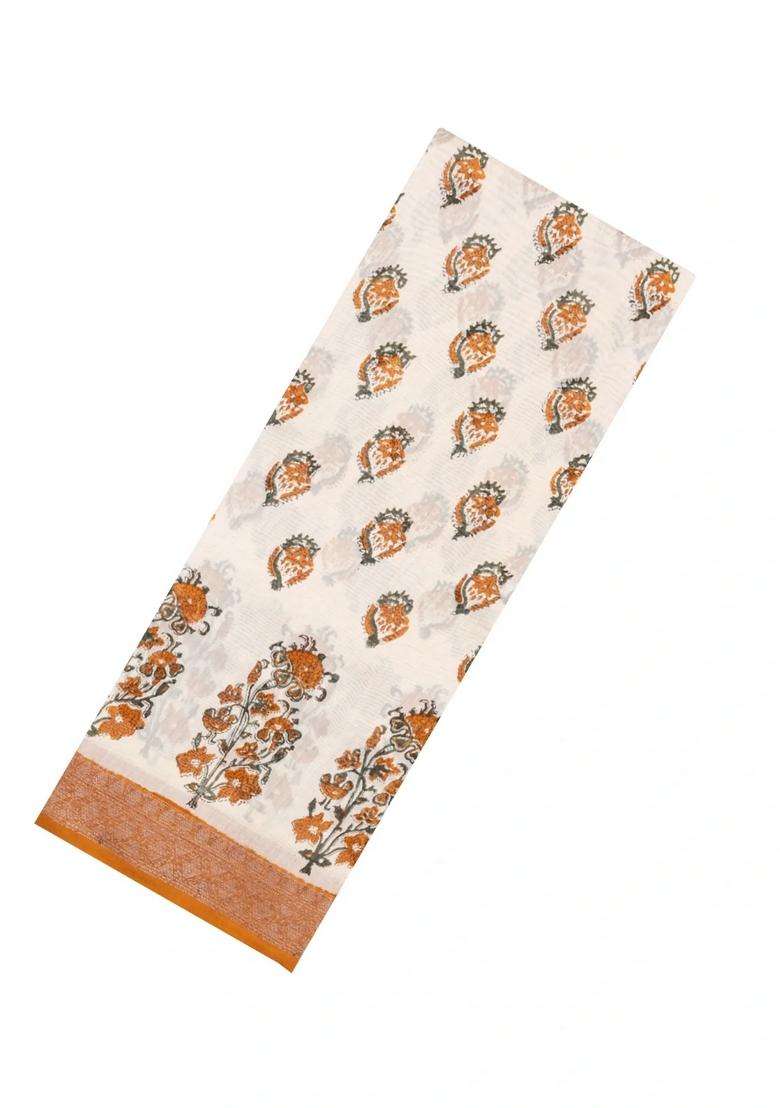 Off White Printed Chanderi Cotton Saree With Mustard Zari Border For Women - Indya