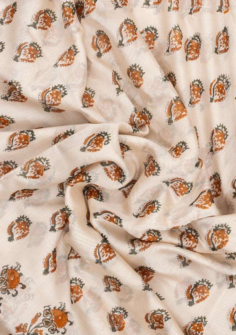 Off White Printed Chanderi Cotton Saree With Mustard Zari Border For Women - Indya